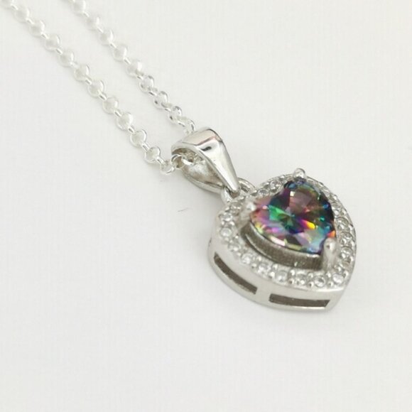 🆕 Mystic Topaz with Cz Halo pendant Necklace in Sterling Silver Heart - Picture 7 of 7